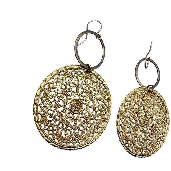 Moon & Lola Round Filigree Dangle Drop Rambaugh Earrings Gold Tone Bohemian - Picture 3 of 5